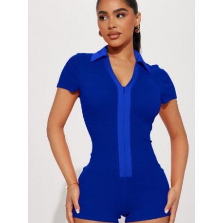 Szín: kék L - High Street Solid Fitness Rompers Női Jumpsuit Sexy Polo Nyakú, rövid ujjú cipzárral elöl Bodycon One