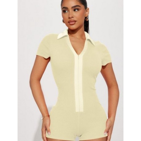 Szín: Khaki L - High Street Solid Fitness Rompers Női Jumpsuit Sexy Polo Nyakú, rövid ujjú cipzárral elöl Bodycon One