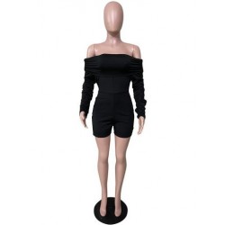 Szín: fekete XL - Vállon kívüli redőzött Bodycon női nadrág, szexi slash nyakú, teljes ujjú, rövid játszóruha Sweet