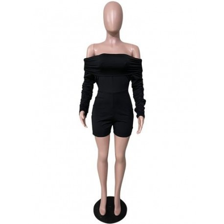 Szín: fekete XL - Vállon kívüli redőzött Bodycon női nadrág, szexi slash nyakú, teljes ujjú, rövid játszóruha Sweet