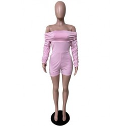 Szín: rózsaszín XL - Vállon kívüli redőzött Bodycon női nadrág, szexi slash nyakú, teljes ujjú, rövid játszóruha
