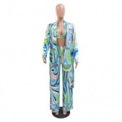 Szín: kék XXL - Esztétikus mintás 3 részes női nadrágkosztüm V nyakú melltartó felsők és hosszú ujjú, nyitott