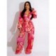 Szín: Rose Red XXL - Esztétikus mintás 3 részes női nadrágkosztüm V nyakú melltartó felsők és hosszú ujjú, nyitott