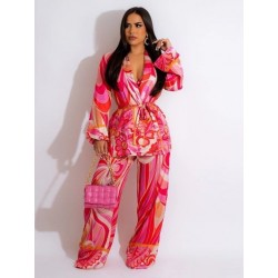 Szín: Rose Red XXL - Esztétikus mintás 3 részes női nadrágkosztüm V nyakú melltartó felsők és hosszú ujjú, nyitott