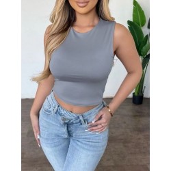 Szín: szürke L - Kényelmes, egyszínű női egyszerű, rövidített felsők Egyszerű, kerek nyakú, ujjatlan póló