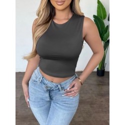 Szín: mélyszürke L - Kényelmes, egyszínű női egyszerű, rövidített felsők Egyszerű, kerek nyakú, ujjatlan póló