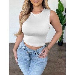 Szín: fehér L - Kényelmes, egyszínű női egyszerű, rövidített felsők Egyszerű, kerek nyakú, ujjatlan póló