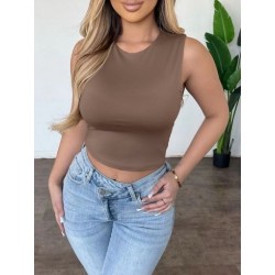 Szín: kávé L - Kényelmes, egyszínű női egyszerű, rövidített felsők Egyszerű, kerek nyakú, ujjatlan póló