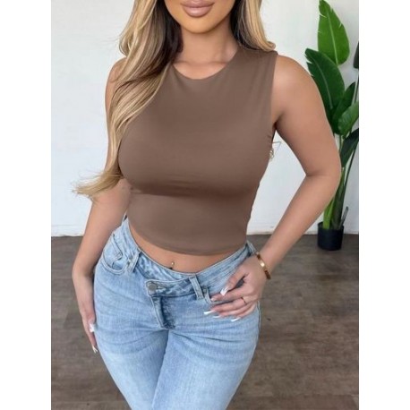 Szín: kávé L - Kényelmes, egyszínű női egyszerű, rövidített felsők Egyszerű, kerek nyakú, ujjatlan póló