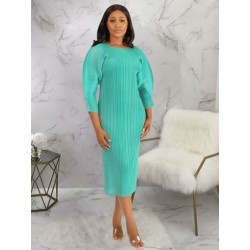 Szín: zöld Egy méret - Irodai női derék formájú térdig érő ruha női kerek nyakú puff hosszú ujjú redős Bodycon