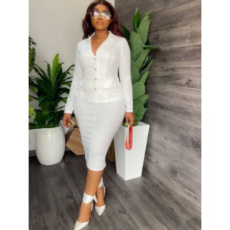 Szín: fehér XXL - Elegáns divatos női üzleti formális munkaruha egysoros, teljes ujjú blézer felső és hátsó osztott