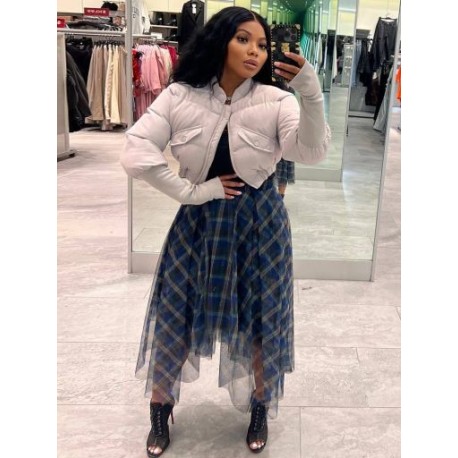 Szín: kék XL - Átlátszó hálós kockás patchwork aszimmetrikus szoknya női divat, rugalmas, magas derékú, A-vonalú