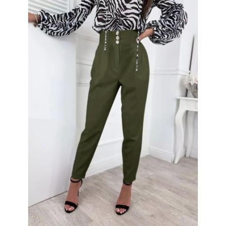 Szín: Army Green XL - Elegáns divat női magas derekú gombos záródású ceruza hosszú nadrág irodai női üzleti