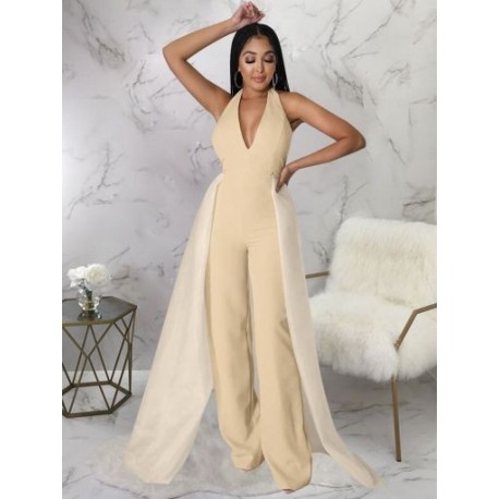 Szín: sárgabarack XXL - Női irodai, nyakba kötött, hát nélküli női nadrág, ujjatlan, csengő alsó egyrészes overál