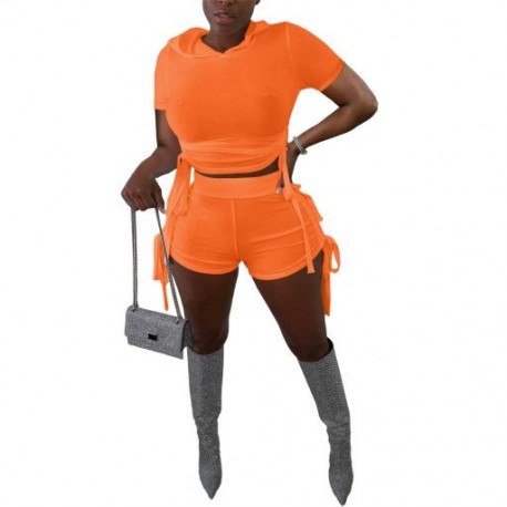 Szín: narancssárga L - Sportos, masszív, kétrészes női szett vékony, tóga kapucnis rövid ujjú pulóverrel és alkalmi,