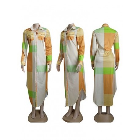 Szín: narancssárga XXL - Színes tömbvarrással női ing hosszú ruha alkalmi lehajtható gallér gomb felfelé blúz ruhák