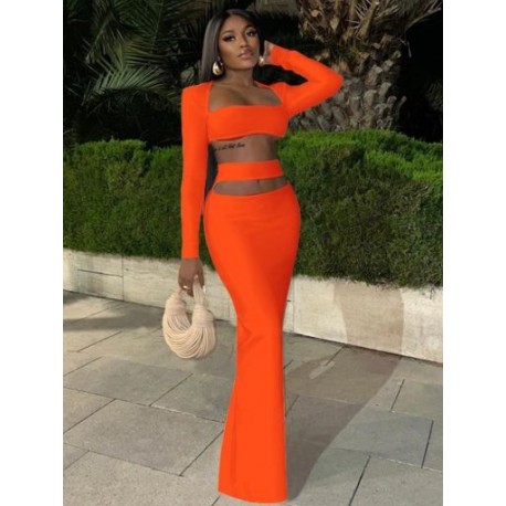 Szín: narancssárga XXL - Midnight Bandage 2 részes öltönyök női fesztiválruházathoz Szexi hosszú ujjú, négyzet
