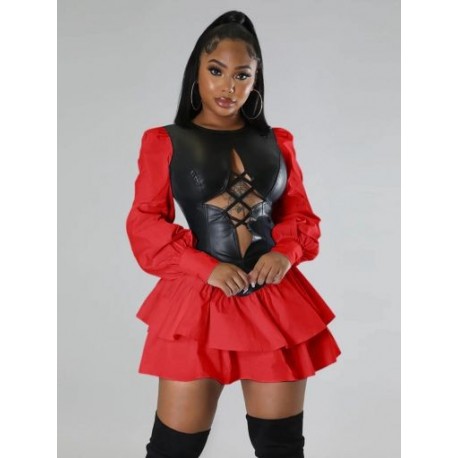 Szín: piros L - PU műbőr összefűzött egyrészes ruhák lányoknak Édes, fűzős, üreges torta ruha ősz tél