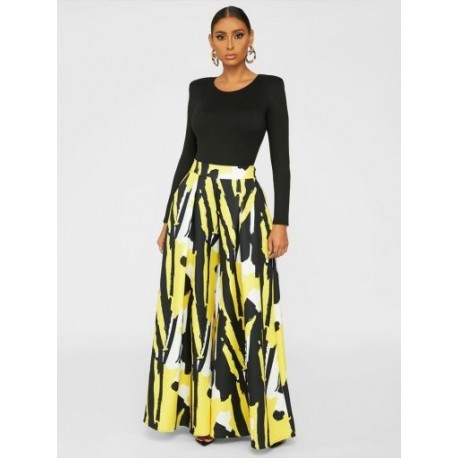 Szín: sárga M - Fekete fehér zebra csíkos széles láb hosszú nadrág női magas derekú oldalzseb Egyenes nadrág nyári