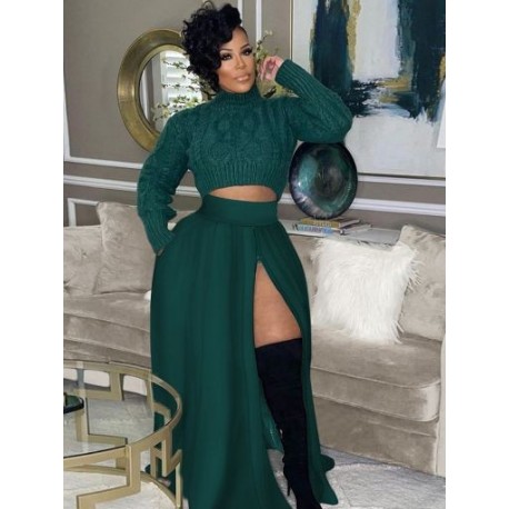 Szín: zöld L - Lenyűgöző, kétrészes öltönyök női garbó nyakú, hosszú ujjú, kötött pulóver felsők és oldalt