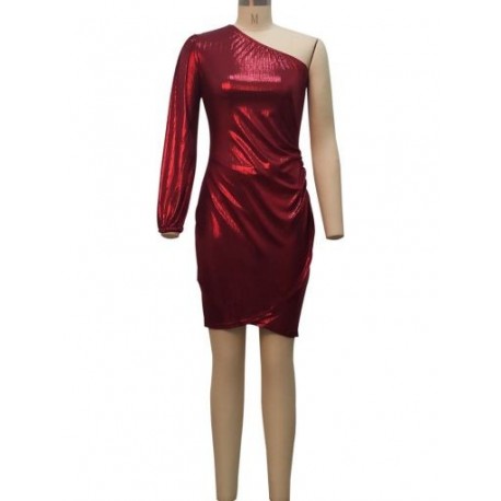 Szín: bordó XXL - Bronzáló arany, egy váll rovátkolt mini ruha, női, elegáns, teljes ujjú köntös Szexi éjféli