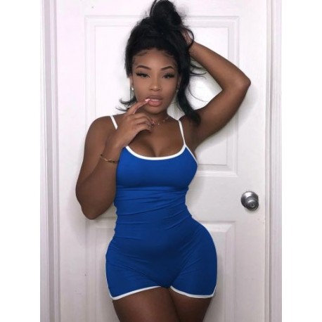 Szín: kék XL - Csábító, ízléses alakformáló nadrág női spagettipántos hát nélküli patchwork motoros játszóruha