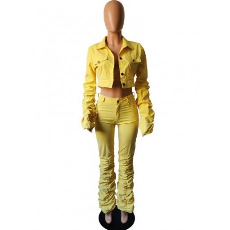 Szín: sárga XL - Divatos, alkalmi, kétrészes szett, női tréningruha, hosszú ujjú, terméskabát és magas derekú