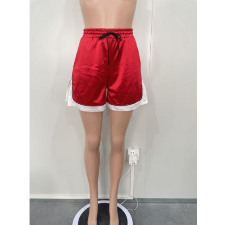 Szín: piros L - Női szatén sport rövid ferde zsebek Alkalmi, magas derekú húzózsinór, kétoldalt osztott rövid nadrág