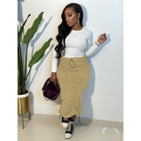 Szín: Khaki L - Y2K utcai ruha elasztikus, magas derékú, domború, húzózsinóros maxi szoknyák női hip hop ferde zsebek