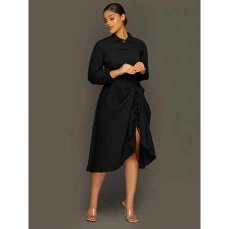 Szín: fekete XXL - Irodai női kétrészes klubruha női tréningruhához, hajtókás nyakú, hosszú ujjú kendővel, rövid