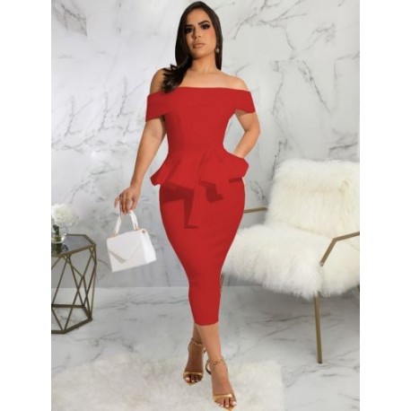 Szín: piros XXL - Gyönyörű tömör, lépcsőzetes fodros ceruza ruha nyári női ruhák elegáns váll nélkül, osztott