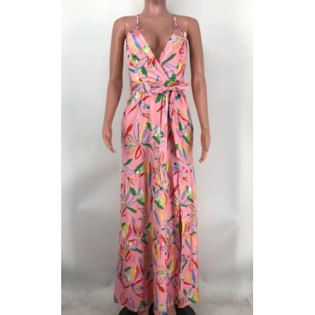 Szín: rózsaszín XXL - Vintage virágmintás női boho smokett sundress nyári spagetti pántos V nyak oldalt magas, osztott