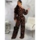 Szín: kávé XL - Esztétikus nyomtatás Elegáns nadrágos női jumpsuit hideg váll hosszú ujjú egyrészes overál Vintage
