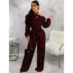 Szín: bordó XL - Esztétikus nyomtatás Elegáns nadrágos női jumpsuit hideg váll hosszú ujjú egyrészes overál Vintage
