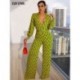 Szín: kék L - Lenyűgöző nyomtatású Bodycon széles lábú jumpsuit lányoknak póló nyakú teljes ujjú egyrészes