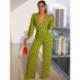 Szín: sárga L - Lenyűgöző nyomtatású Bodycon széles lábú jumpsuit lányoknak póló nyakú teljes ujjú egyrészes