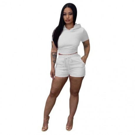 Szín: fehér-rövid ujjú L - Női sport pulóverek, kétrészes rövid készletek, alkalmi kapucnis, hát nélküli, üreges
