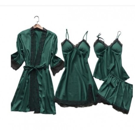 Szín: feketés zöld - 4 DB/Szett alvó öltöny női csipke szett Szexi V-nyakú Cami Nighties kényelmes pizsama hálóruha