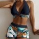 Fekete szín - 2023 Halter bikini szett rövid fürdőruha női magas derekú fürdőruha Női nyomtatott fürdőruha fürdő