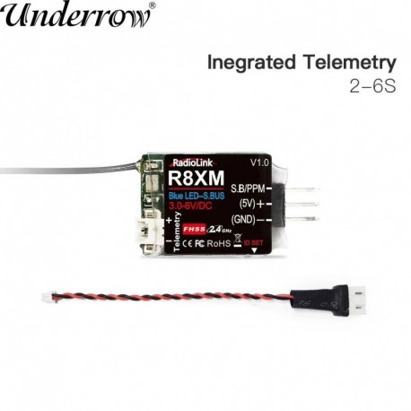 Radiolink 8 csatornás mini vevő R8XM 2,4 GHz integrált telemetriai járműfeszültség 4000 méter vezérlés és telemetriai