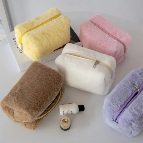 Szín: rózsaszín - Lány puha utazó kozmetikai táska rendező tok aranyos női smink tok meleg téli egyszínű plüss