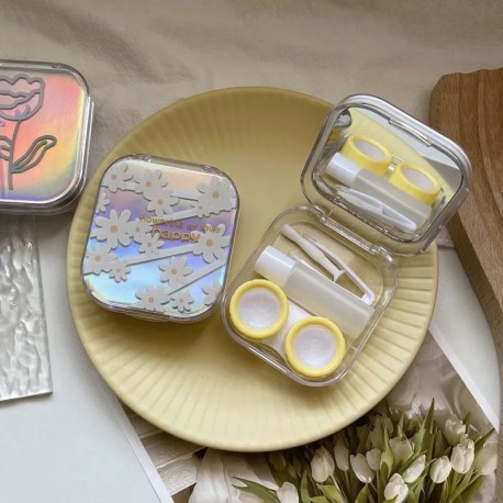 Szín: tulipán - 1 DB Lány virágos kontaktlencse doboz kísérő Beauty pupilla doboz tükörrel Lézeres divat utazási