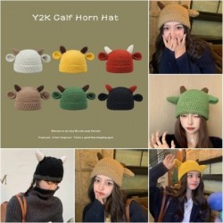 Szín: sötét kávé - Y2K Trend Skullies & Beanies Őszi/téli kötött meleg sapkák Diákok Borjúszarv Baotou Kalap koreai