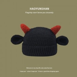 Fekete szín - Y2K Trend Skullies & Beanies Őszi/téli kötött meleg sapkák Diákok Borjúszarv Baotou Kalap koreai Női